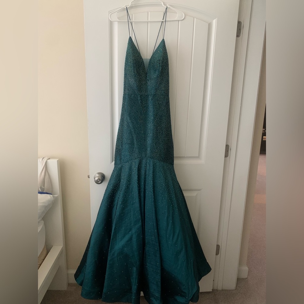 Iridescent Heatset Stone Lace Up Back Taffeta Mermaid Dress